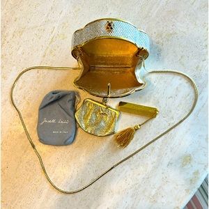 Vintage Judith Leiber Minaudière clutch with gemstones and 14k gold chain